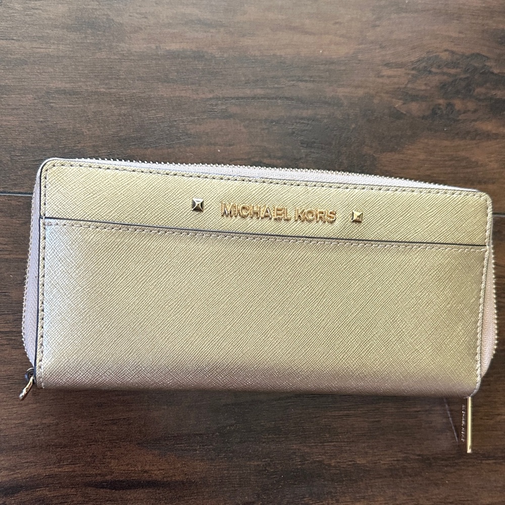 Michael Kors Metallic Gold Zip Wallet with Logo Detail